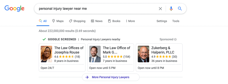 screen shot of google screened results for personal injury lawyer